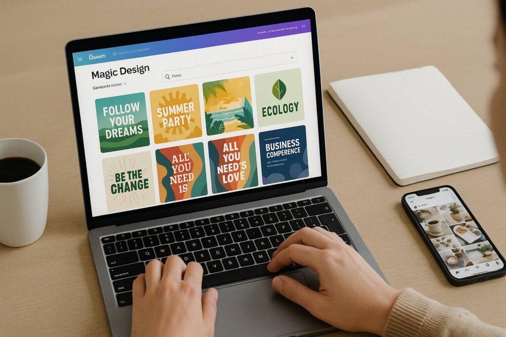 Person working on laptop with Canva