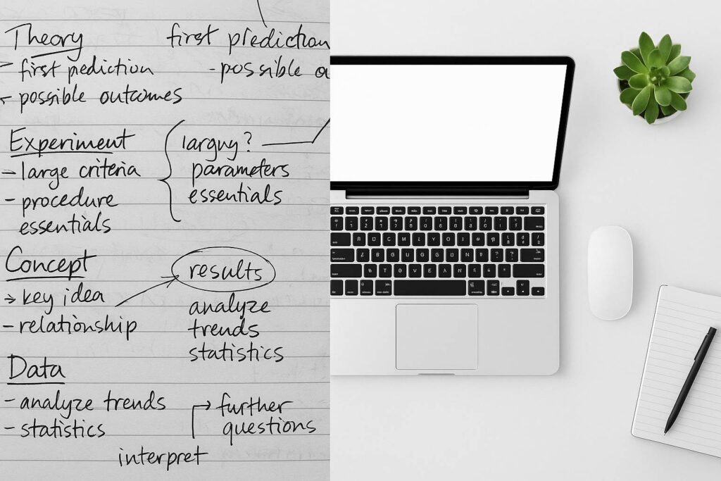Split-screen photo showing messy handwritten notes on left and clean digital workspace on right