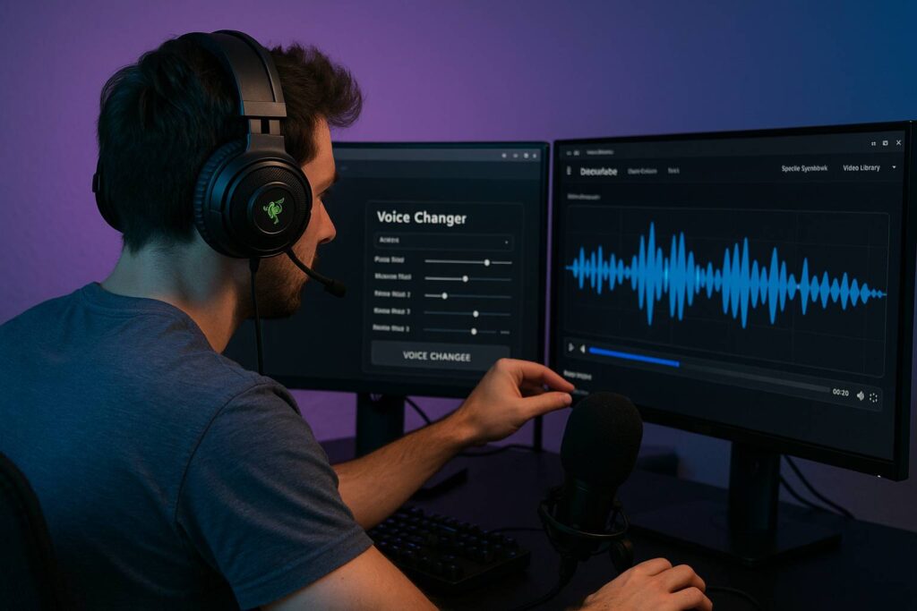 Streamer dengan headphone gaming merk Razer, sedang adjust setting voice changer di dual monitor