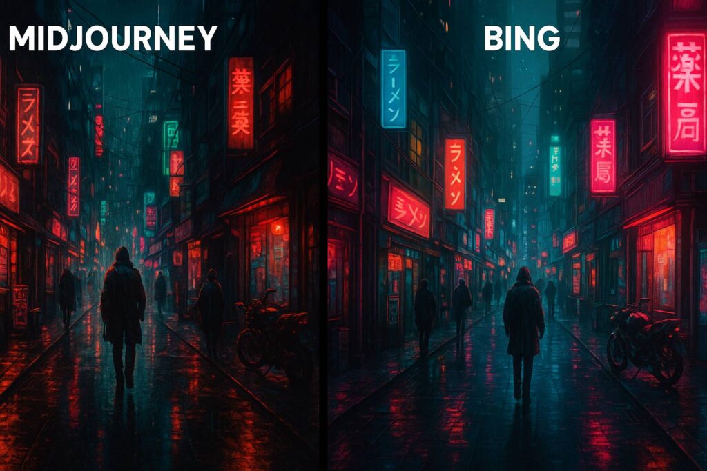 comparison between Midjourney and Bing outputs showing same prompt about cyberpunk street scene